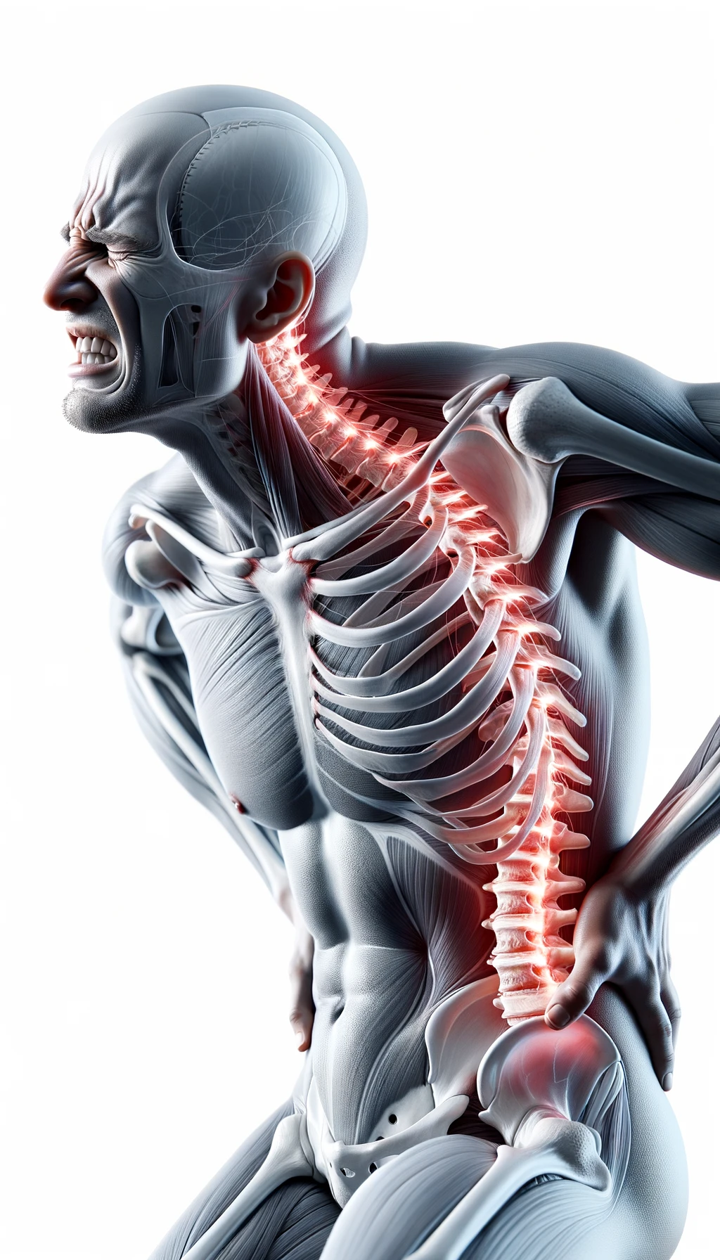 corpo umano anatomico con mal di schiena, espressione di dolore in volto, spina dorsale in evidenza, iperrealistico 4k , sfondo bianco emoji