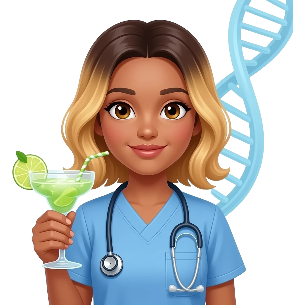 White girl with olive skin brown eyes ombré bronde hair wearing scrubs and holding a margarita no stethoscope “add 🧬 emoji