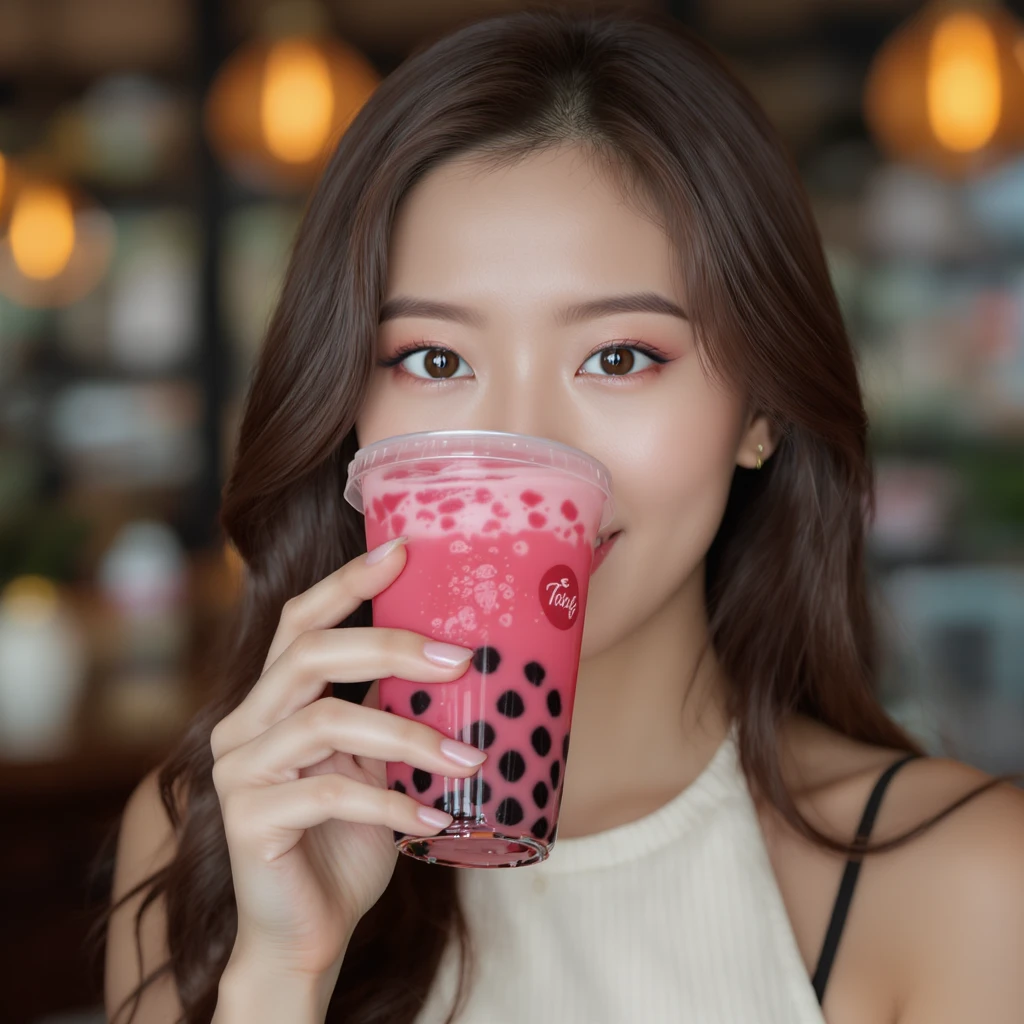 Remove the background from the photorealistic pink bubble tea, keep the image elegant and realistic, ensure transparency. emoji