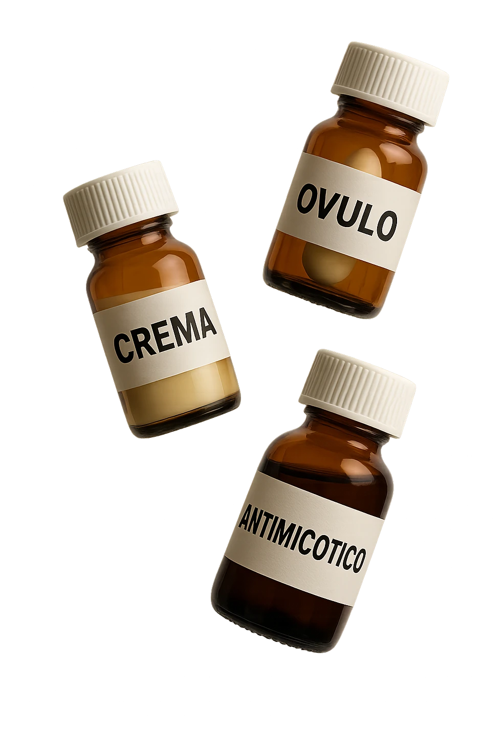 boccette di farmaci fluttuano in aria con le scritte: crema, ovulo o antimicotico in italiano sulle etichette, IPERREALISTICO 4K emoji