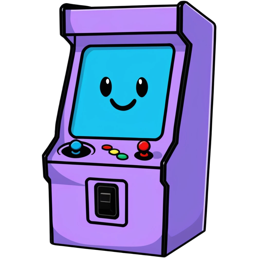 A cute sticker-style arcade cabinet with a smiling face on the screen emoji