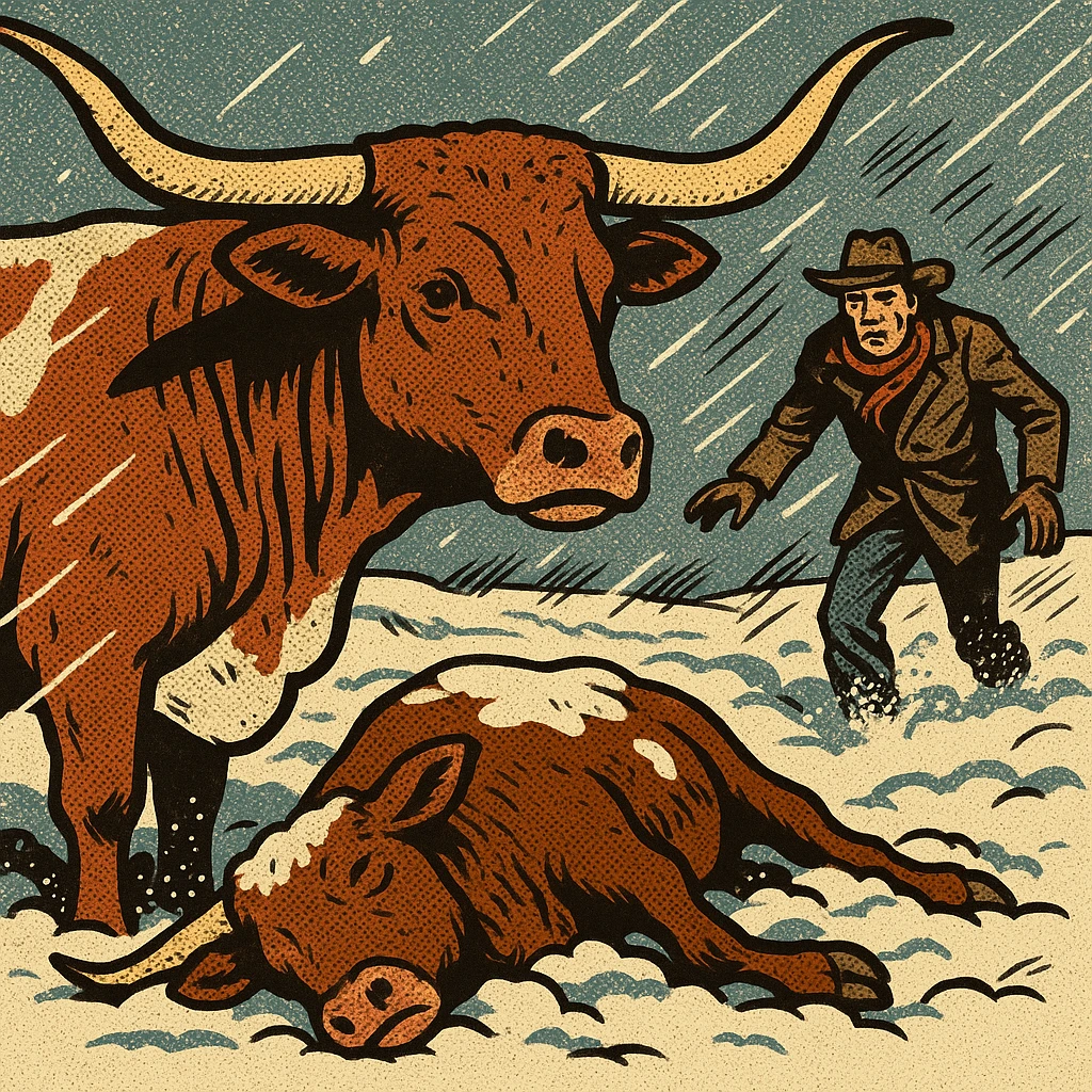 Texas Longhorn cattle stuck in the thick snow on the Great Plains with a dead cow on the floor. In the background is a desperate looking cowboy searching for the cattle in freezing temperatures. emoji