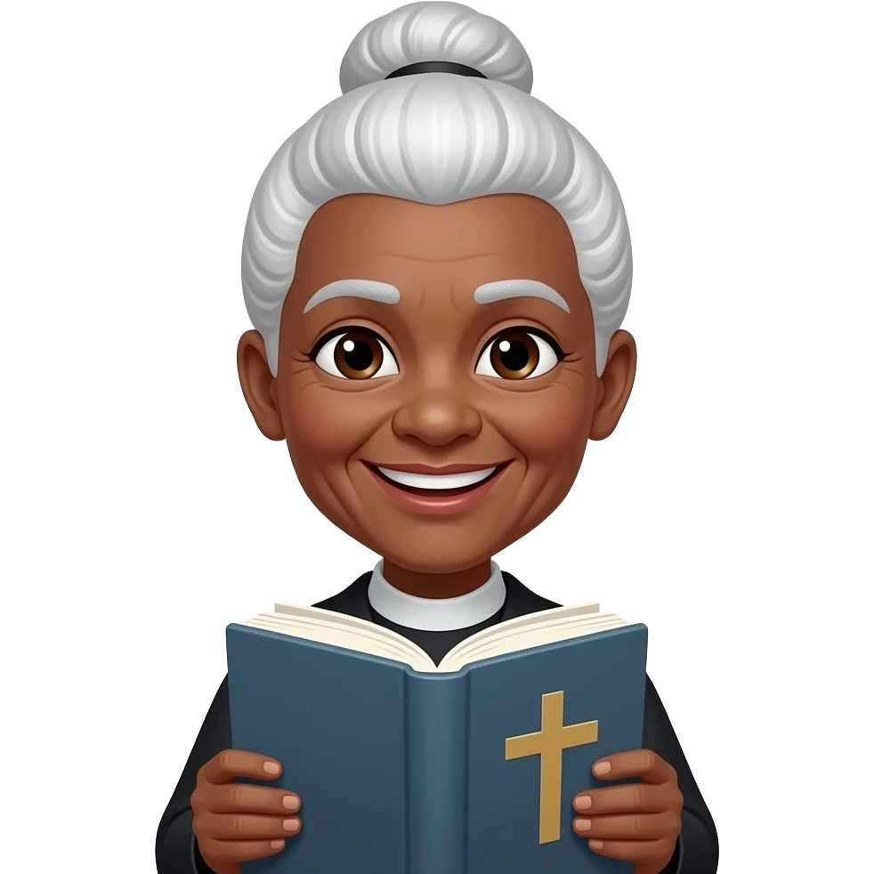 wise-old-woman-with-white-hair-in-a-bun-black-skin-smile-with-book-that-has-a-cross-on-it emoji
