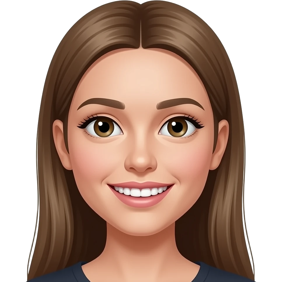 chica con pelo liso castaño claro y cara un poco alargada y nariz pequeña y alargada y perlas de pentiendes emoji