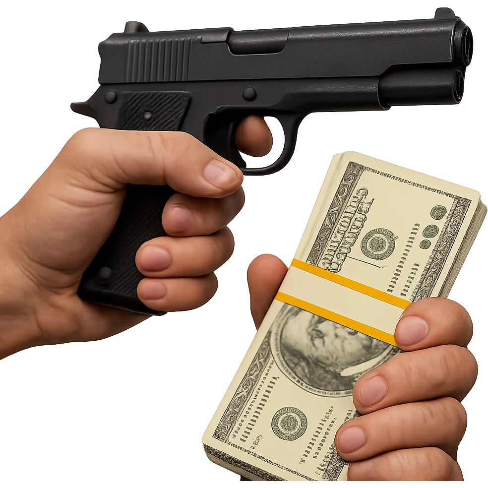 Make the emoji of a hand holding money and a pistol, inspired by Albanian mafia culture, more realistic with detailed realism. No background. emoji
