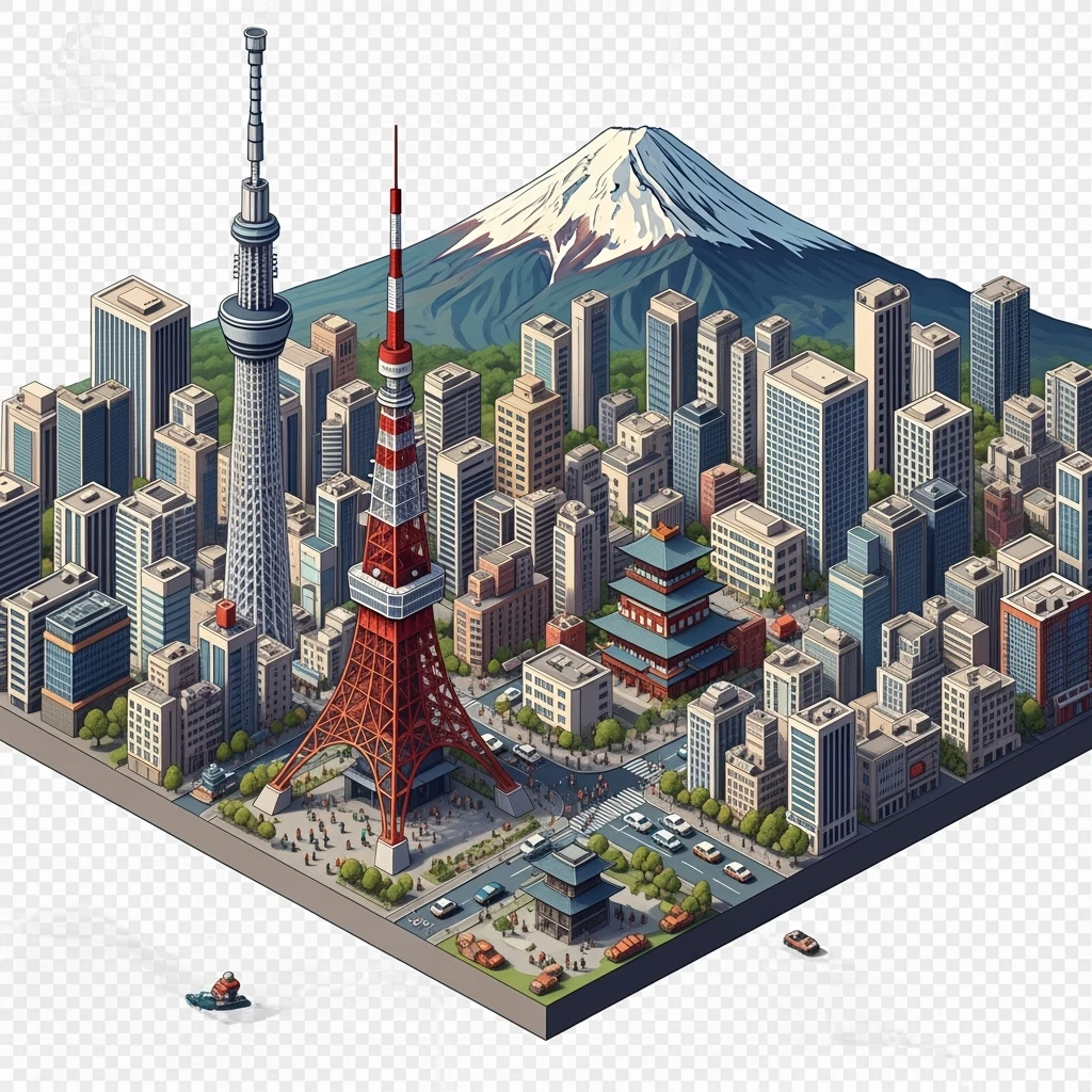 Isometric illustration of Tokyo, with photorealistic detailed miniature cityscape included Tokyo Tower, Skytree, Shibuya Crossing, Mount Fuji in background, balanced colors, subtle 3D miniature effect and Tilt Shift effect, no cartoonish look, transparent background. emoji