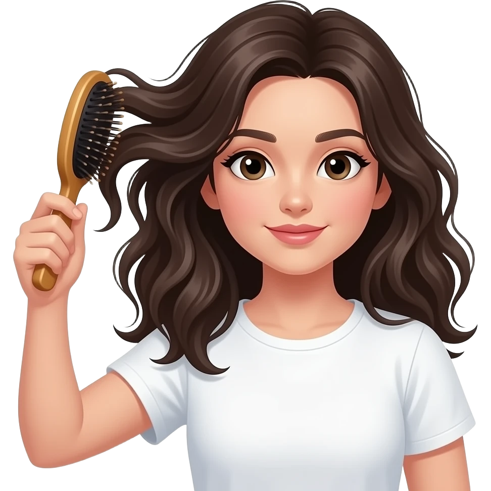 emoji estilo apple de una chica morena cepillandose el pelo con el cepillo d ela foto y que se vea mitas del pelo desenredado o la otra mitad enredado, camiseta blanca. el cepillo el de beter emoji