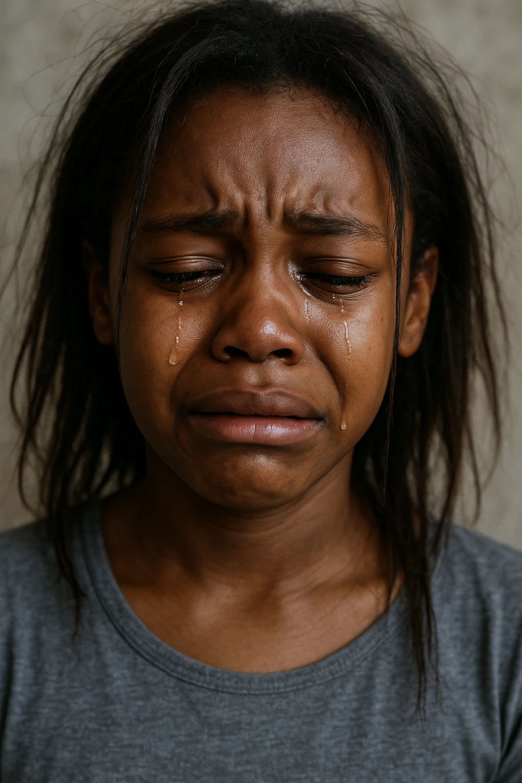 realistic style sad crying black girl with straight messy hair, expressive face, tears emoji
