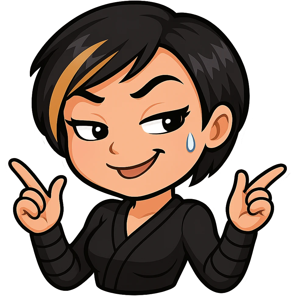 Sexy chibi ninja girl with black short hair and a blonde streak, only head and arms, colorful chibi style with bold outlines, transparent background, no mask, smug grin with a little sweat drop and a teasing expression, sized for Twitch emoji use. emoji