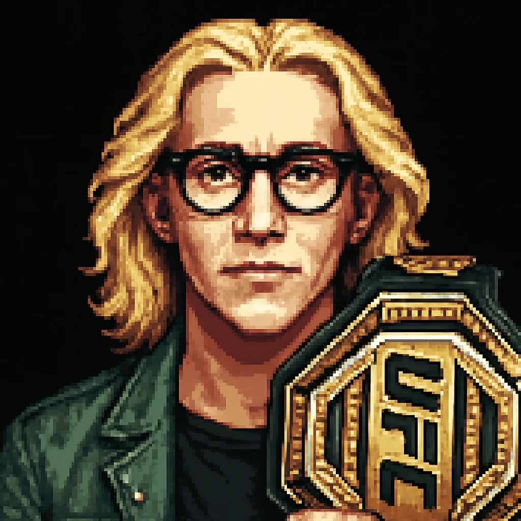 Add a UFC championship belt visible in the close-up in pixel art style, maintaining the pixel art style. emoji