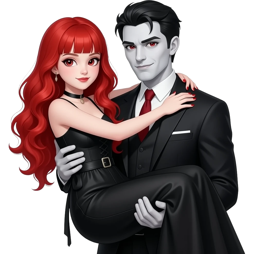Bambina Vampiro femmina 12enne con capelli lunghi rosso fuoco ondulati e con una frangetta con pelle bianca che indossa un vestito stretto in vita e largo sotto lungo e nero e sta in braccio al papà VAMPIRO giovane e con la pelle bianca emoji