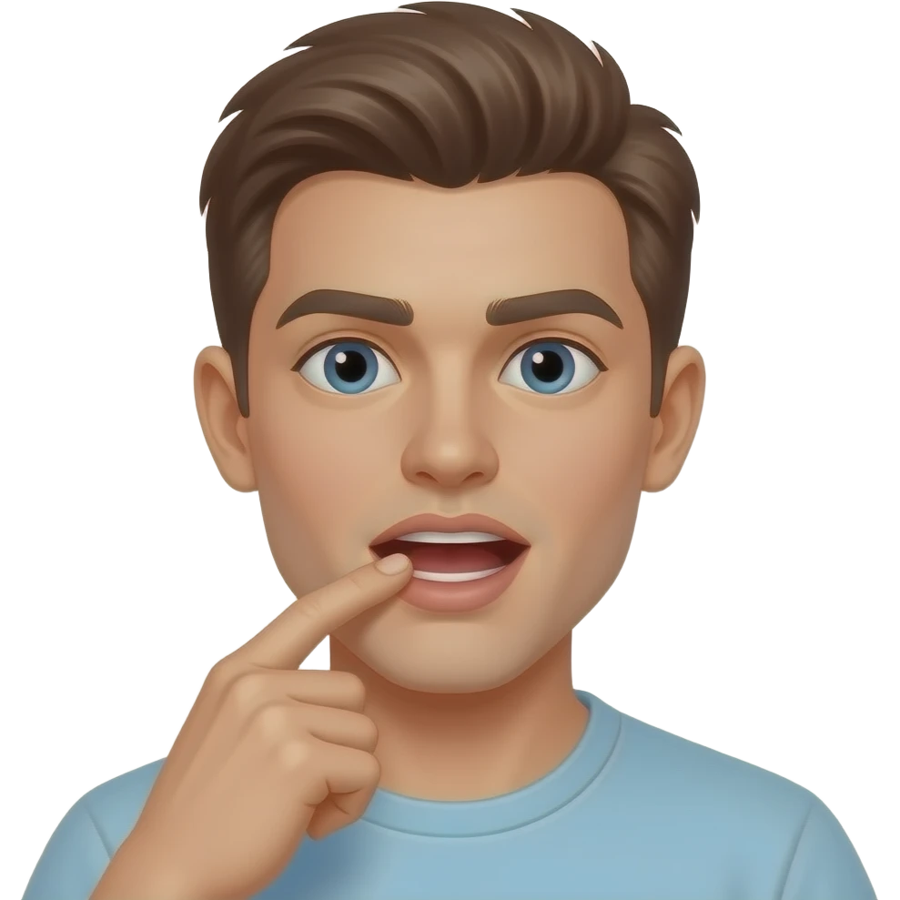 young man pulling up upper lip with index finger while placing nicotine pouch under upper lip with thumb and middle finger of other     hand, mouth open, close-up face emoji