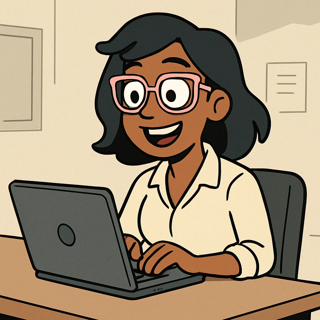 brown-skinned working woman with black hair and light pink eyeglass frames, at a desk with a laptop, minimal cartoon style emoji