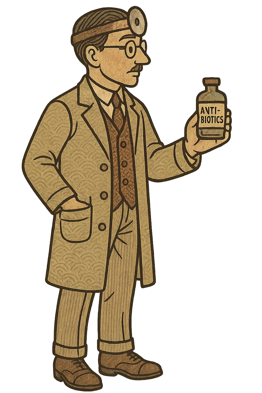 the full body of A 1920s doctor standing with a bottle of antibiotics facing the right emoji