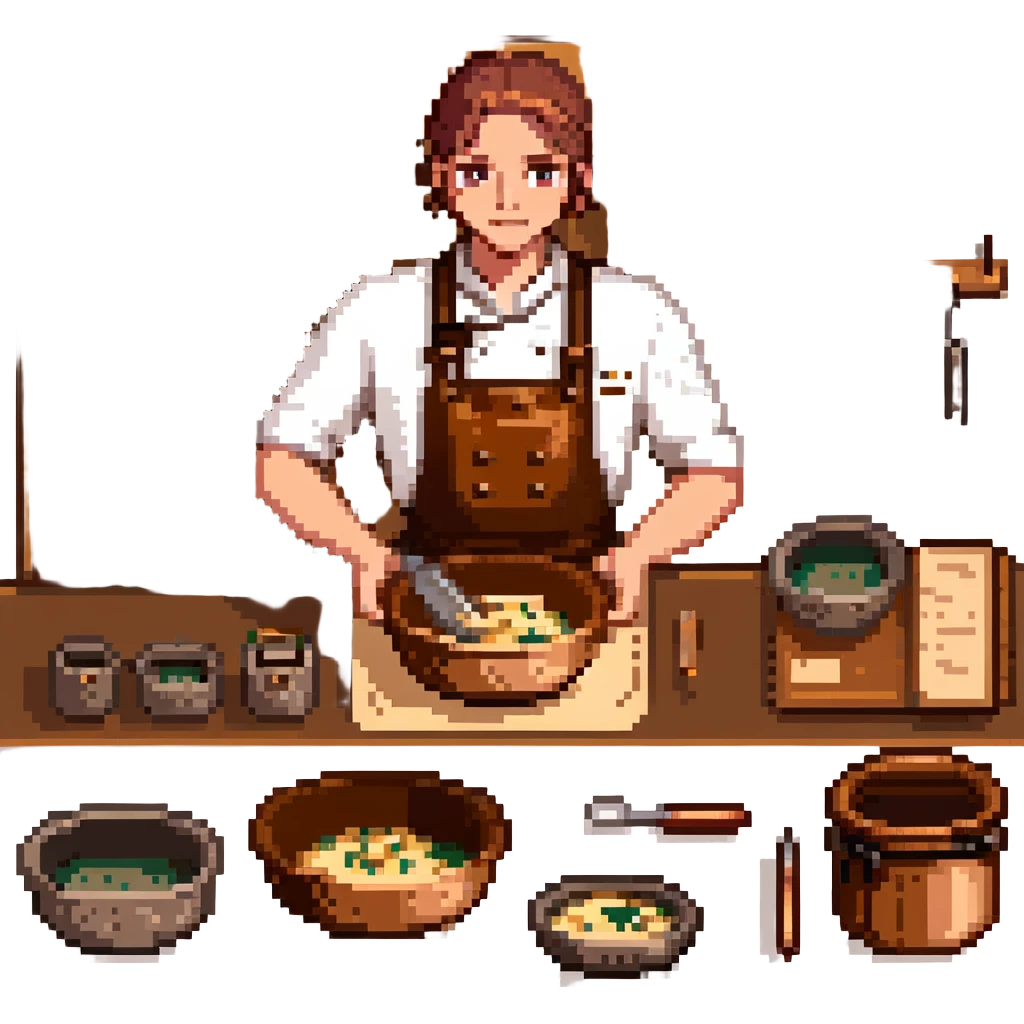 A confident journeyman baker working with copper mixing bowls, enamel measuring cups, and a leather-bound recipe book. The environment features warm lighting, brass utensils, and stitched cloth textures. UI elements resemble embossed leather tabs and metallic buttons. emoji