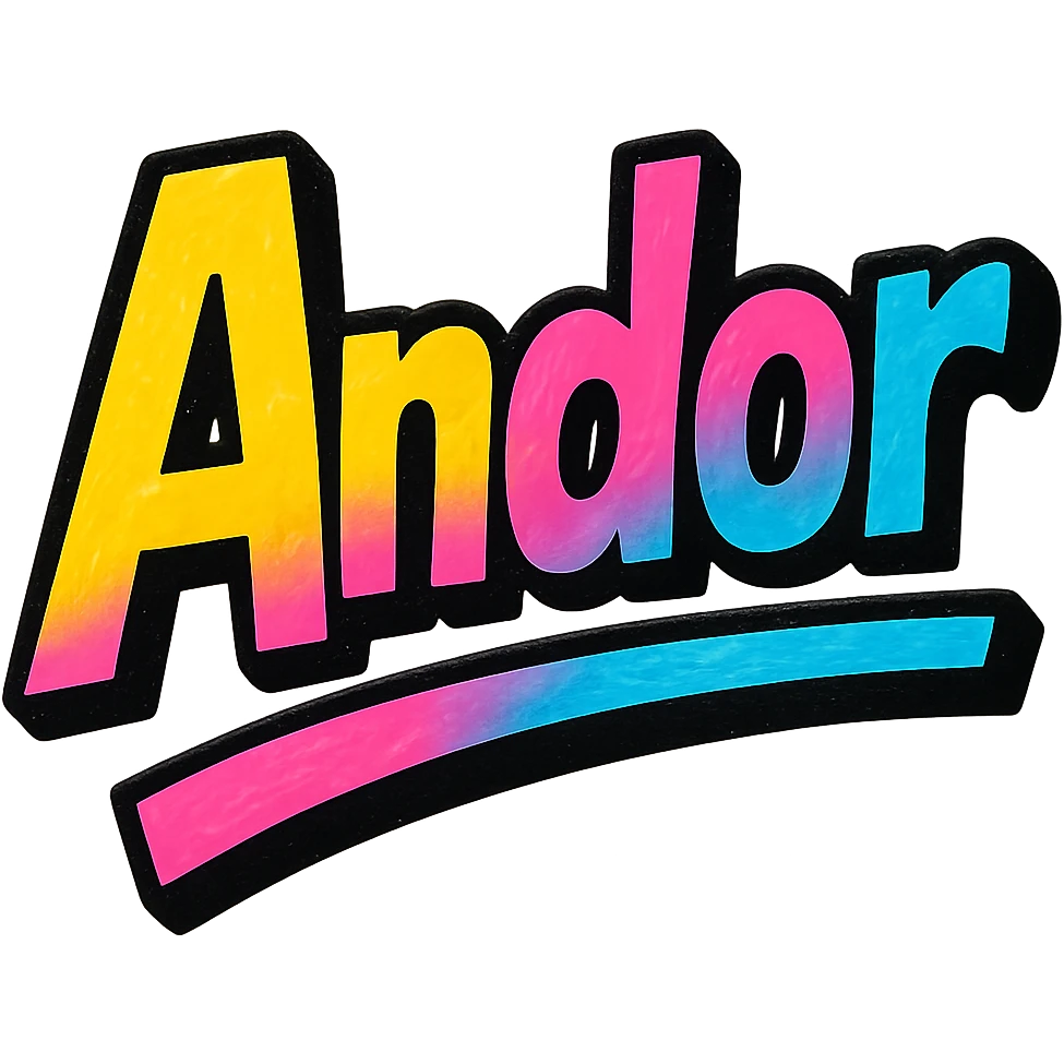 modern colorful gradient typography of the name 'Andor' with dark outline, dynamic slanted or partial underline, transparent background, in the style of the sample images emoji