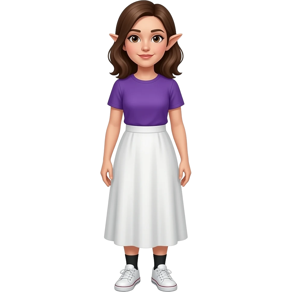 An adult woman with white/fair skin, brown hair, brown eyes and pointy ears and wearing a long white skirt, a purple t-shirt, black socks and white sneakers.. emoji