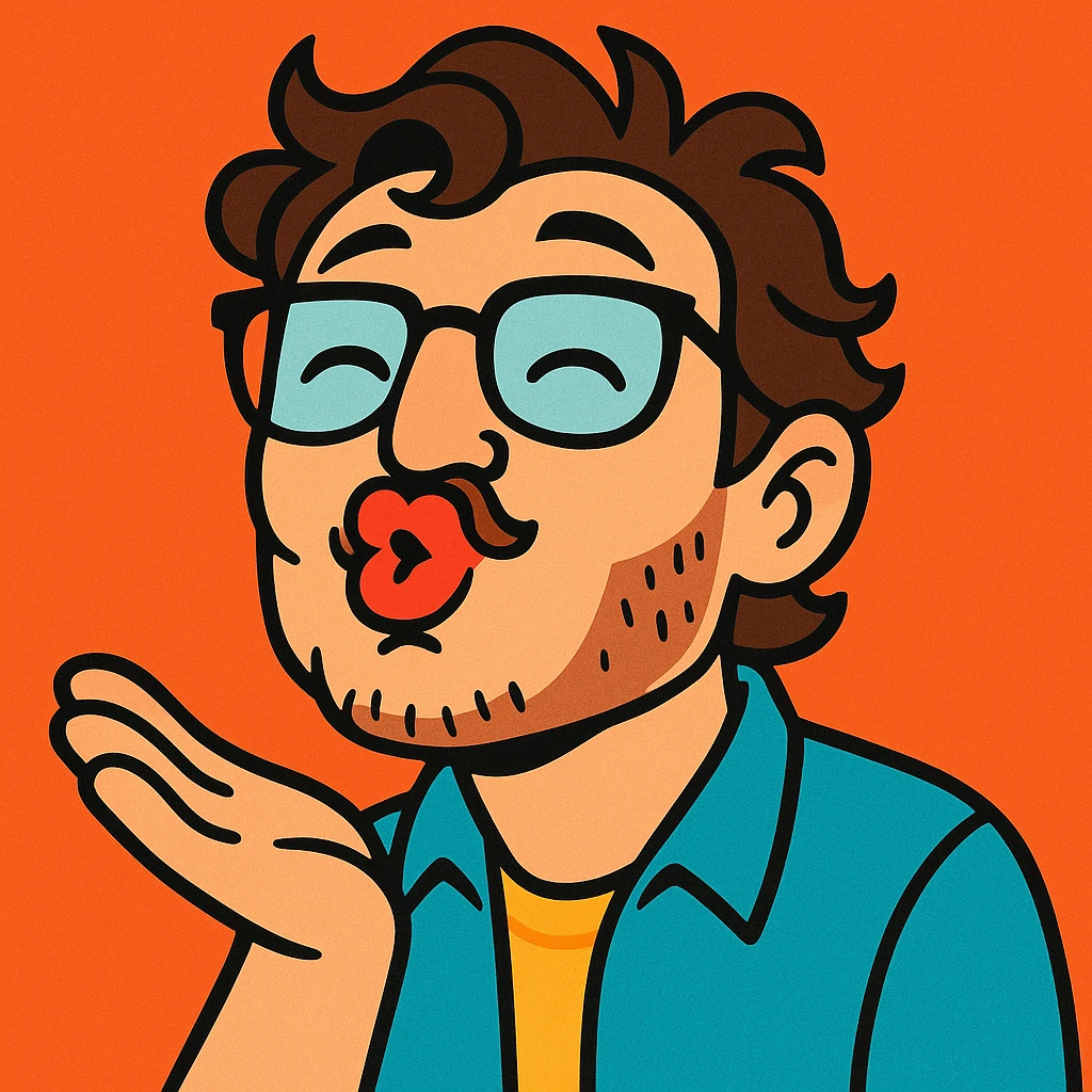 Pedro Pascal with glasses, puckering lips for a kiss, playful and charming, fun and expressive style, cute and animated, warm and friendly expression emoji