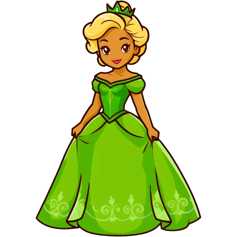 Disney Princess Tiana with super long blonde curly hair, green princess dress emoji