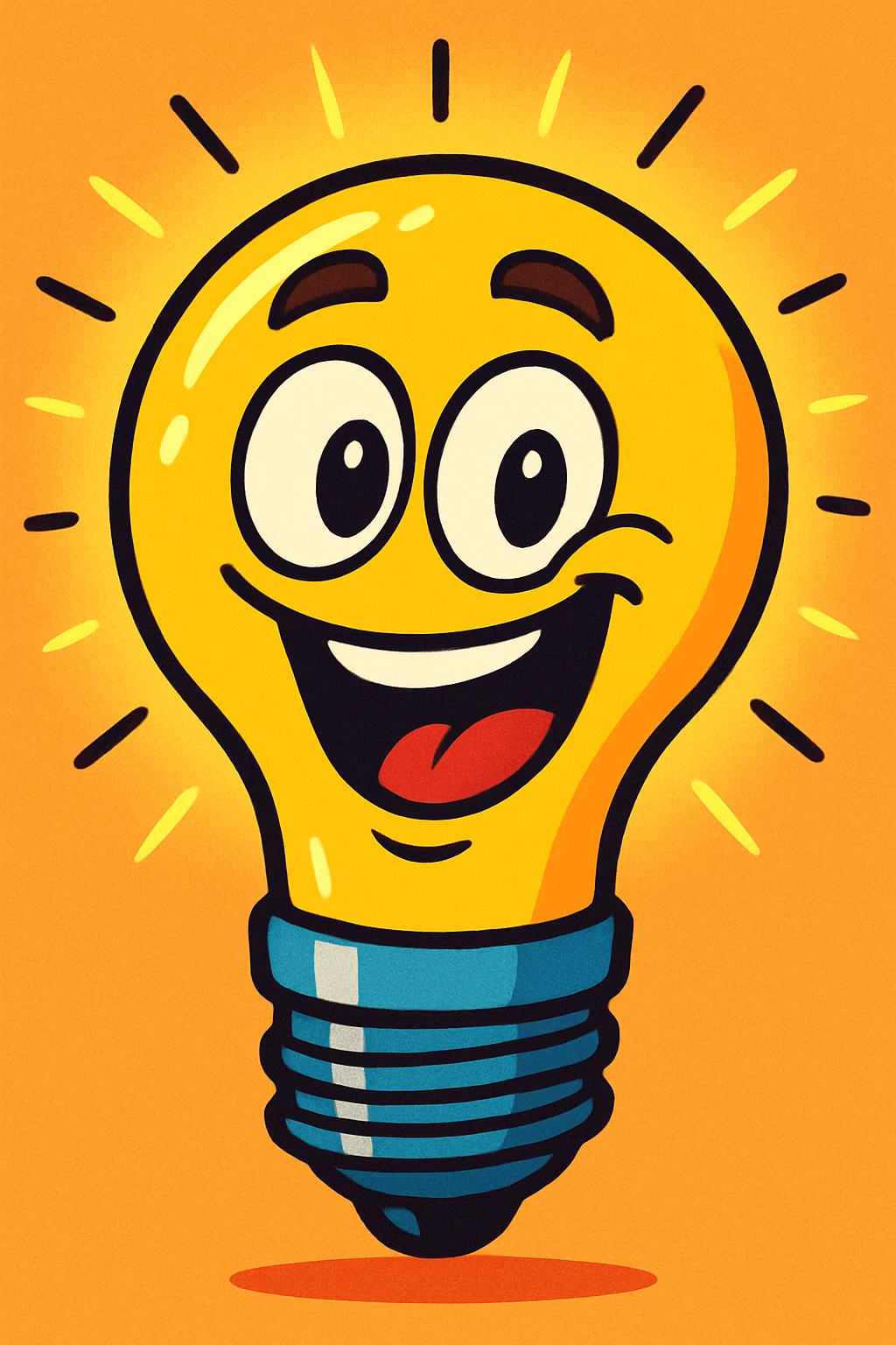 funny smart light bulb, playful, cartoon style, vibrant colors, expressive face, whimsical, big eyes, smiling, exaggerated features, comic style emoji