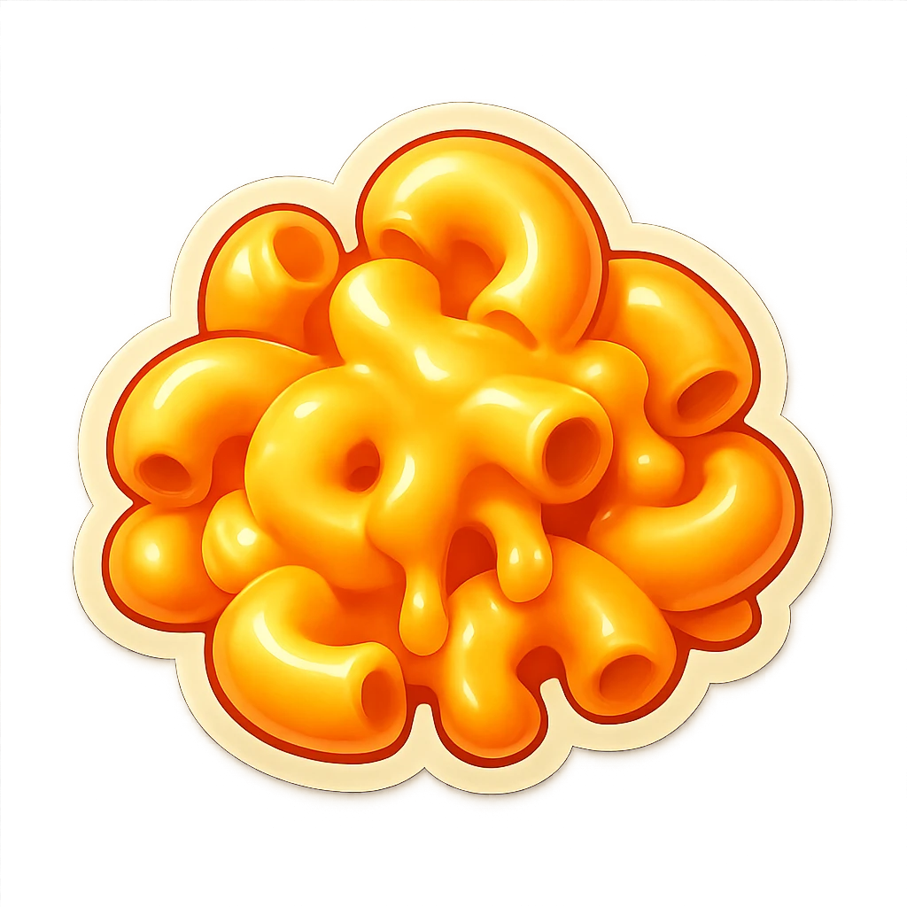 Remove all text and inscriptions. Keep only the appetizing macaroni with a large amount of cheese, in the same style as the original retro stickers style. emoji