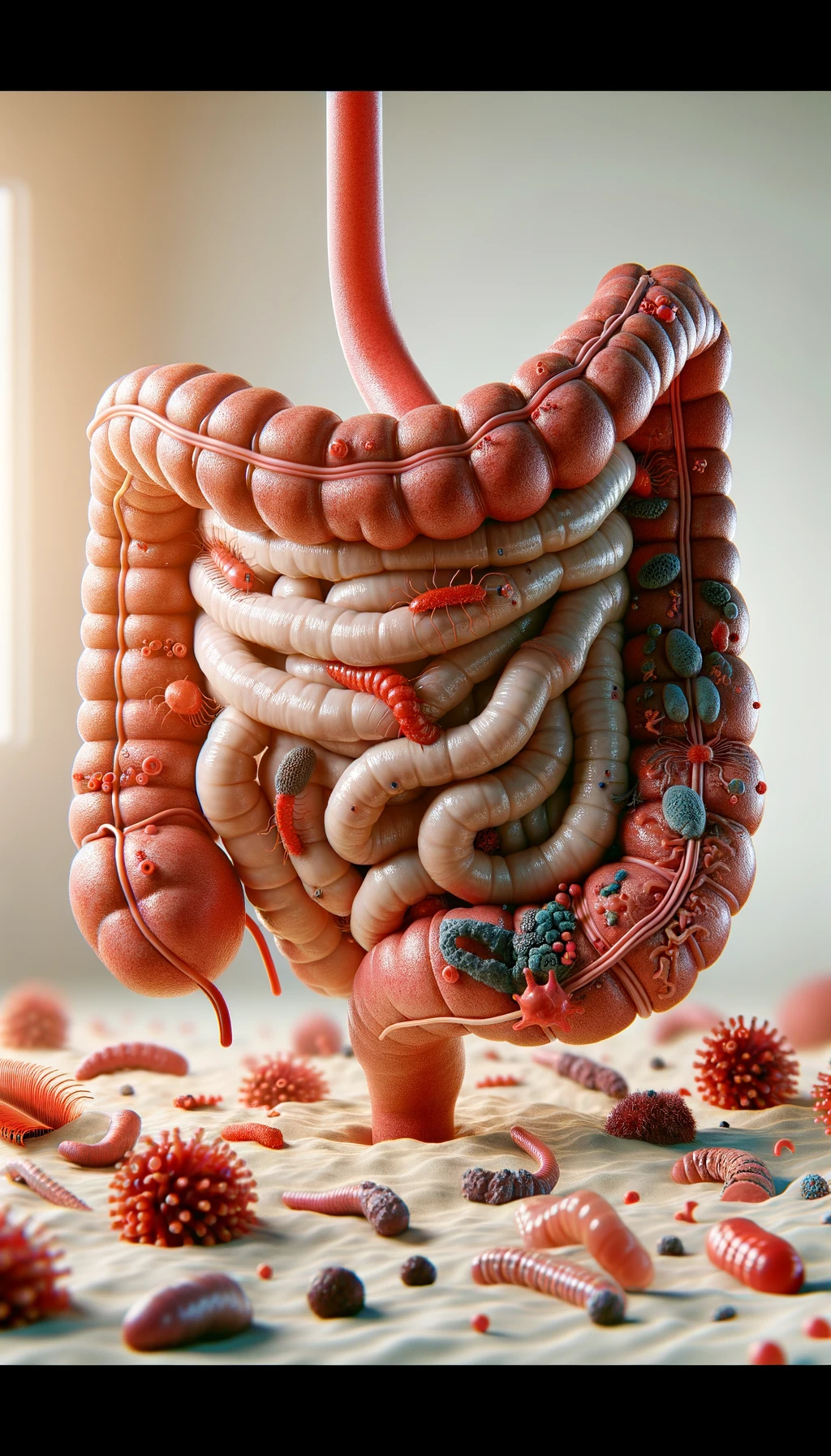 INTESTINO UMANO ANATOMICO REALISTICO CIRCONDATO DA PARASSITI E BATTERI INTESTINALI, IPERREALISTICO 4K, sfondo chiaro neutro emoji
