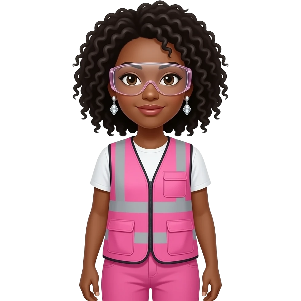 African American with light skin complextion women with shoulder length curly black hair wearing diamond earrings wearing pink and clear safety glasses wearing a pink construction vest wearing pink pants emoji