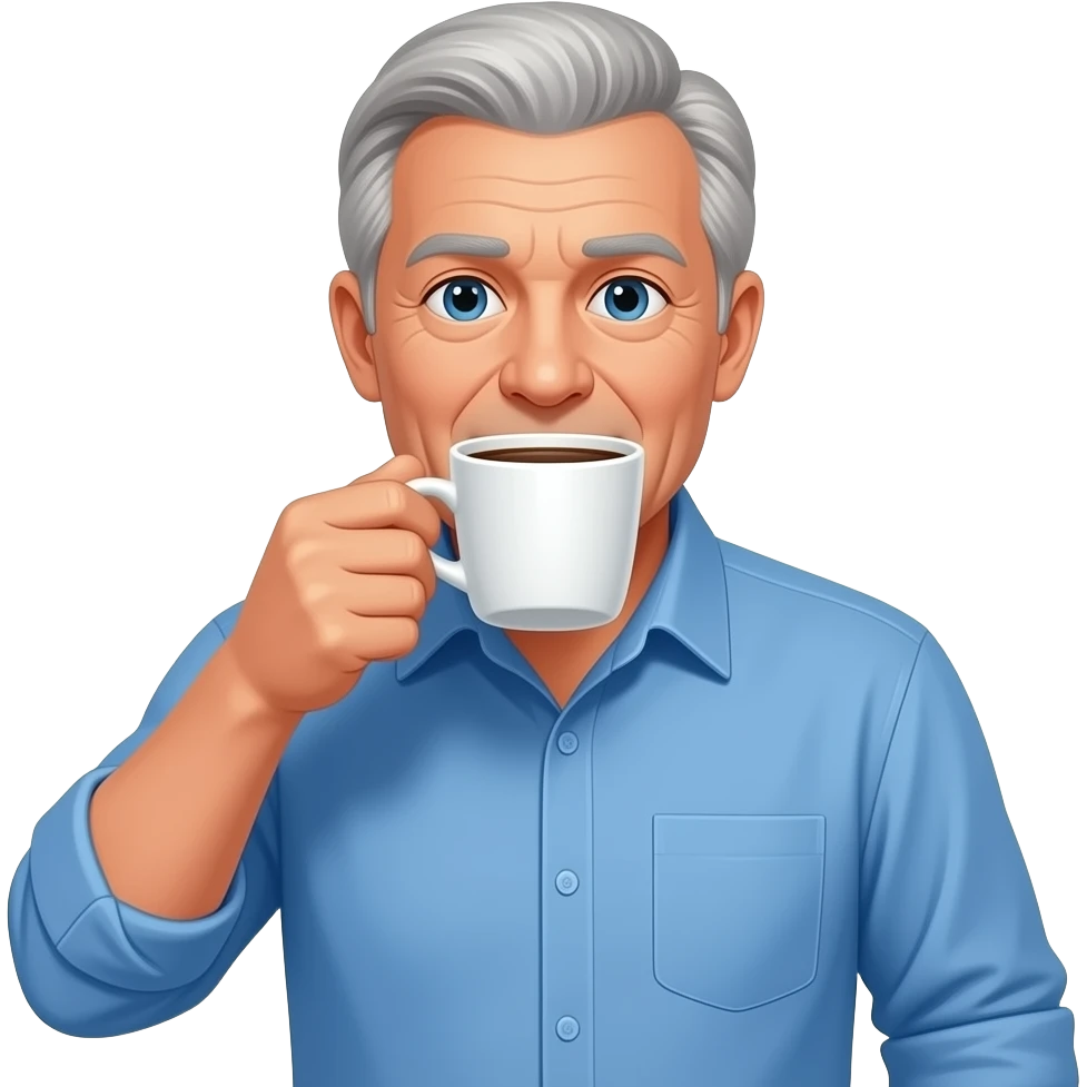 white man in his 60's wearing a blue button down shirt drinking a cup of coffee emoji