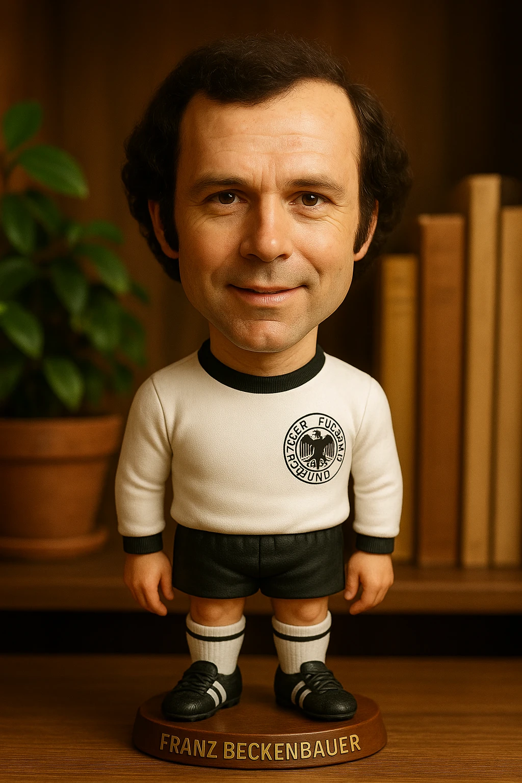 Молодой Франц Беккенбауэр в форме сборной Германии 1972 смотрит на прямо на зрителя и слегка улыбается, освещение с левой верхней стороны кадра emoji