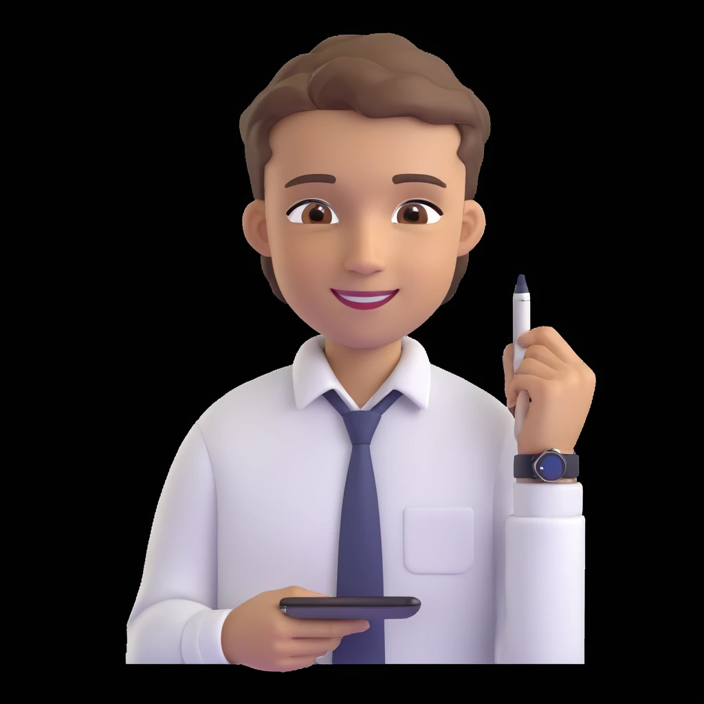apple-style 3D emoji avatar of a fair, handsome young man with light brown hair, brown eyes, bright smile, wearing white button-up shirt, digital pen behind one ear, smartwatch, creative tech-savvy vibe, dark background emoji