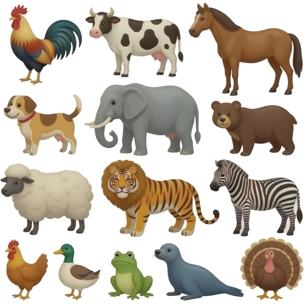 eighteen Different animals pig rooster cow horse dog cat elephant bear bird sheep tiger lion zebra chicken duck frog seal and turkey emoji