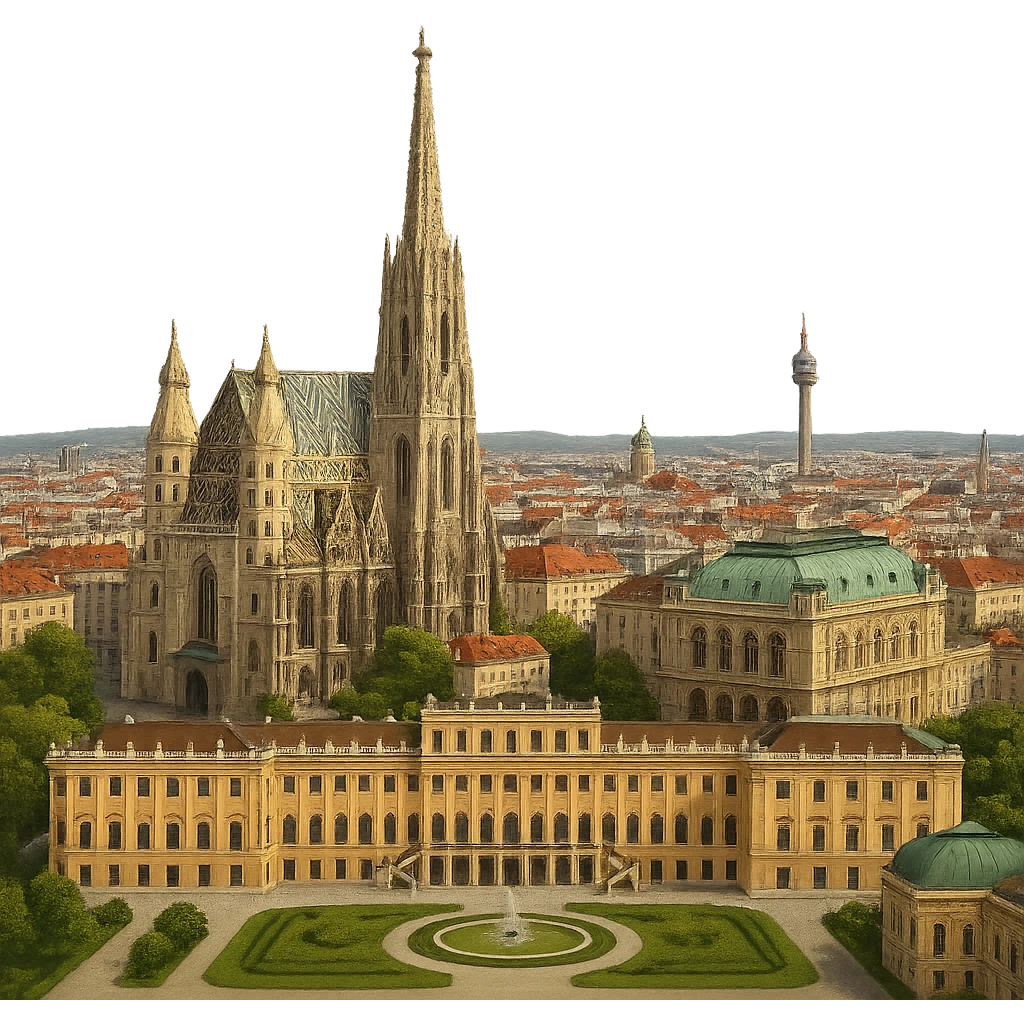 cinematic, realistic emoji of Vienna, wide city view with iconic landmarks including St. Stephen's Cathedral, Schönbrunn Palace, Vienna State Opera, Danube Tower, lifelike detail, accurate colors, bright daytime lighting, no sky, no clouds, fully transparent background emoji