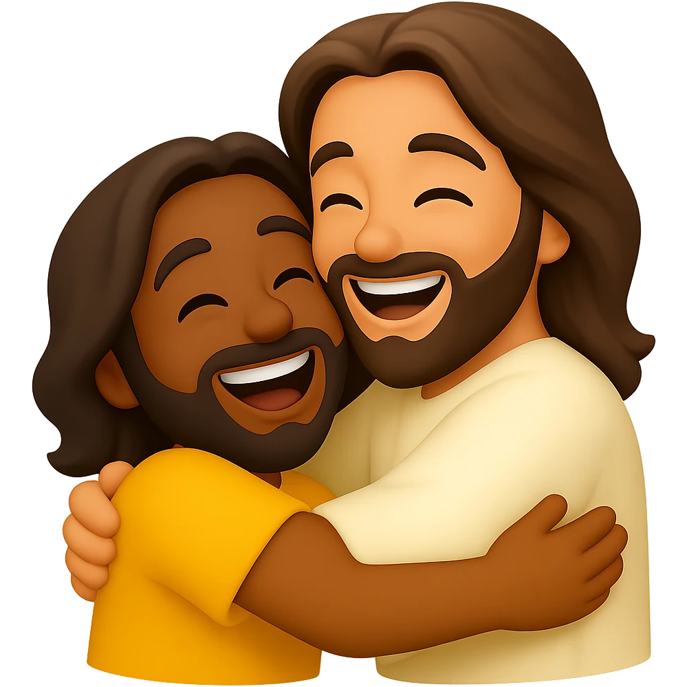 Create an emoji style image of Jesus hugging a person with a joyful expression, vibrant and clean colors, transparent background. The style should resemble apple style emojis but with editing support, focusing on joyful emotion and clarity. emoji