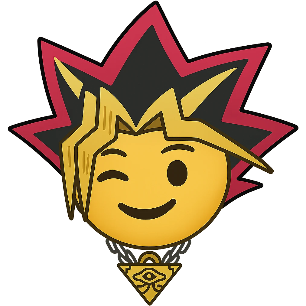 Create an emoji style version of Yugi from Yu-Gi-Oh inspired by the reference image. Expression should be smiling and winking, with tricolor hair and Millennium Puzzle necklace. The style should resemble apple style emojis with concise details. emoji