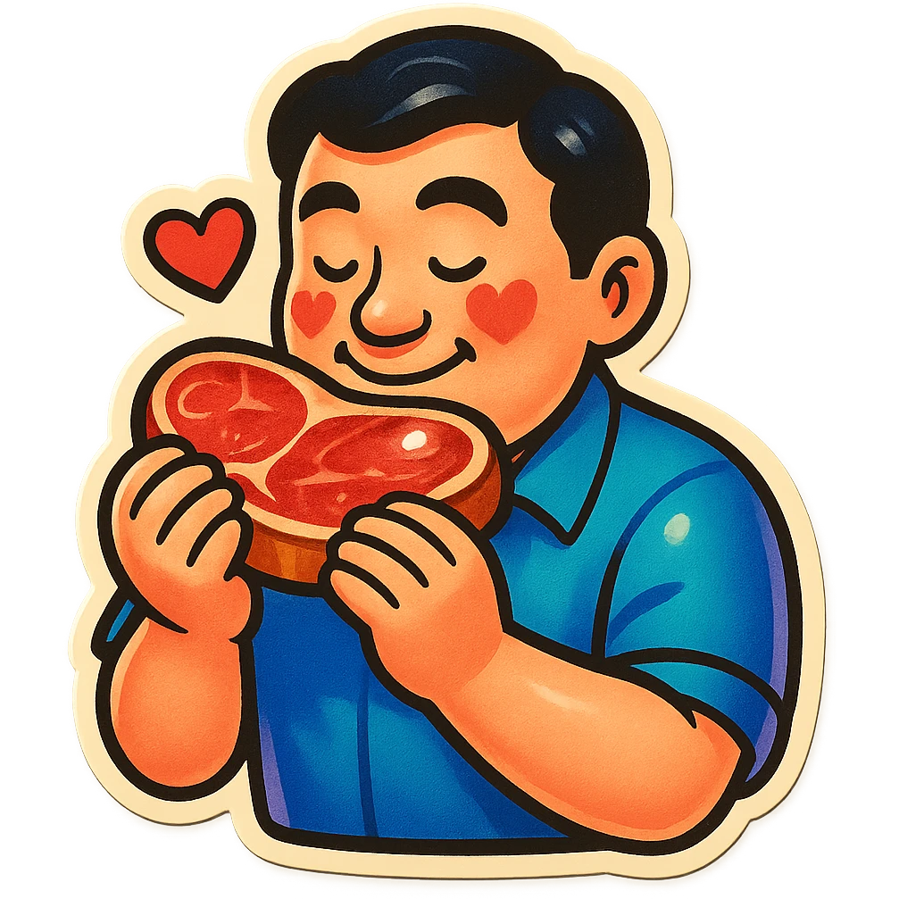 A Japanese man with a loving look holds a steak in his hands, preparing to eat it emoji