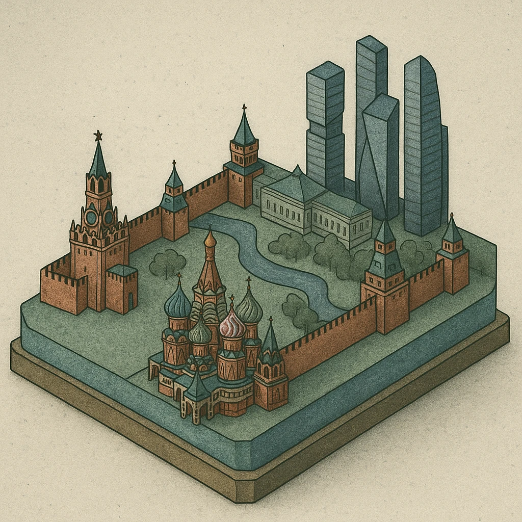 Изометричная миниатюрная 3D модель Москвы на подставке - фотореалистичный Кремль, собор Василия Блаженного, Сити, аккуратная детализация, яркие цвета мультяшный реализм, компактная композиция,  вид сверху в изометрии emoji