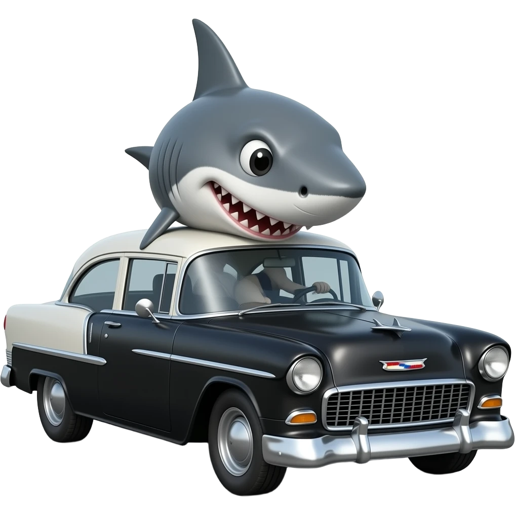 shark driving black 1955 chevy 3/4 view emoji