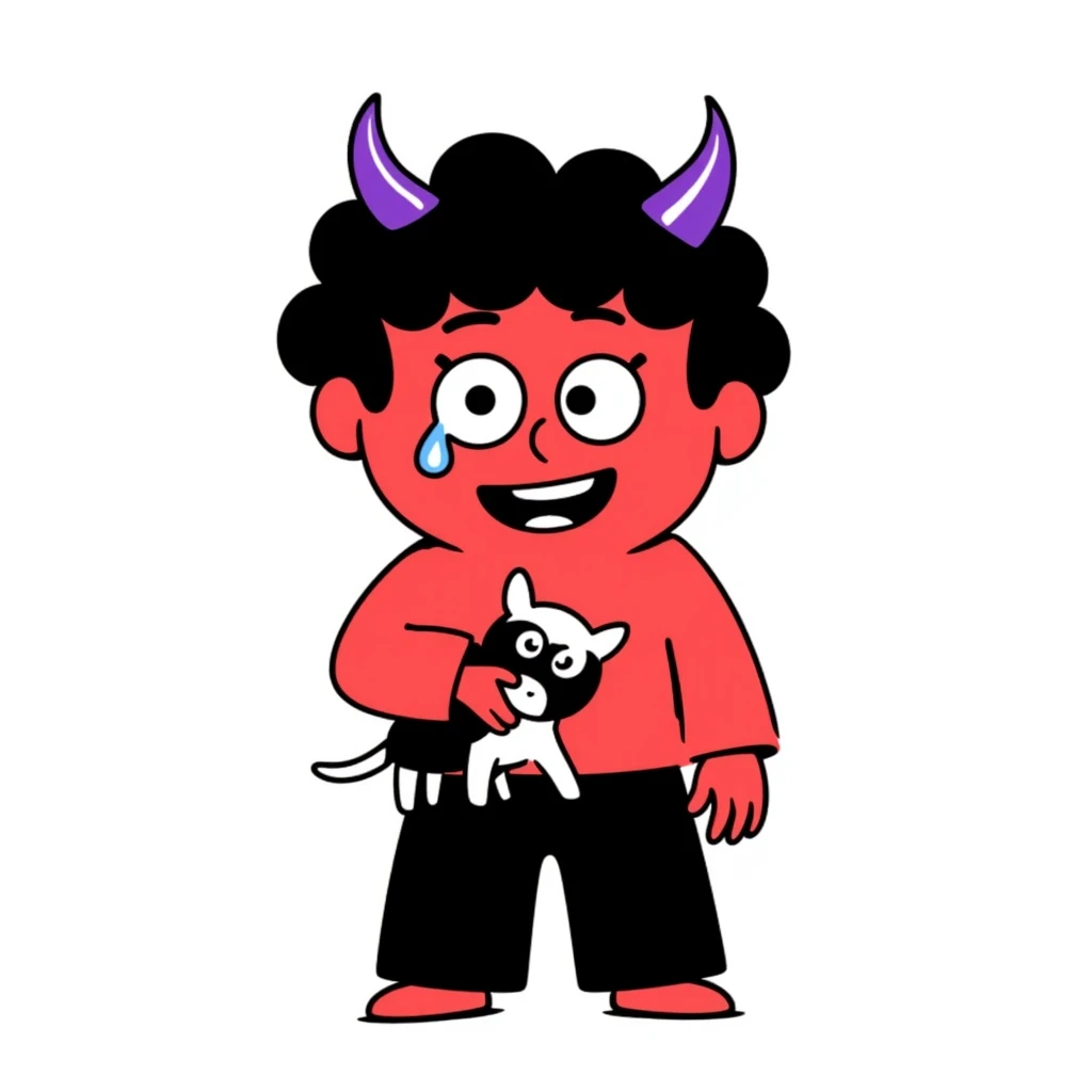 a sad but happy red monster with purple horns, hand-drawn doodle style emoji