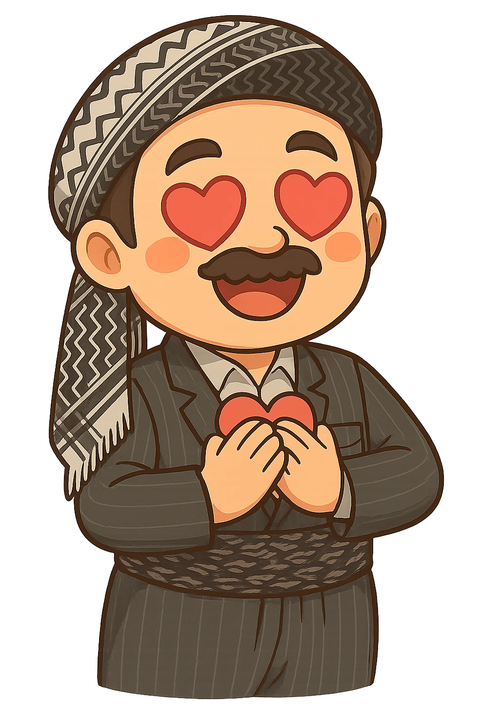 Create a colorful and cheerful cartoon sticker of a Kurdish man wearing the same clothes and scarf as the reference image, with no changes to the outfit or scarf. The face should have a loving expression with heart-shaped eyes similar to the 😍 emoji. Both hands should be placed on the heart. The image should have no shadows or color halos around it, no text, and a completely transparent background. Suitable for WhatsApp and Instagram. emoji