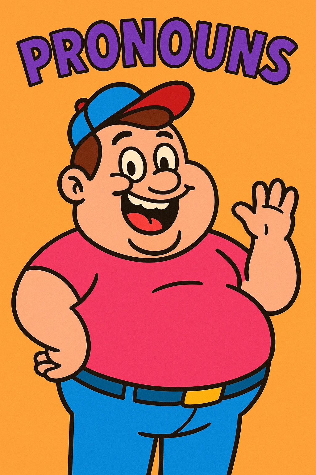 a chubby man with 'PRONOUNS' at the top, playful and meme-like, vibrant toon style emoji
