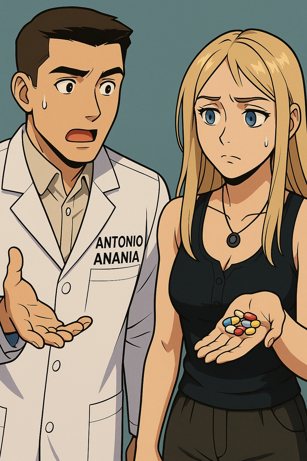 fai un webtoon/manga a colori con questo kinesiologo in camice bianco (fagli la scritta "ANTONIO ANANIA" SUL CAMICE) CHE PARLA CON QUESTA RAGAZZA CON GLI OCCHI AZZURRI. LA RAGAZZA HA UN PUGNO DI INTEGRATORI IN MANO (TANTE PILLOLE DIVERSE) E LE GUARDA DUBBIOSA. IL KINESIOLOGO CON IL CAMICE BIANCO LE DOMANDA UNA COSA SCIOCCATO. NON FARE I FUMETTI, FAI SOLO LORO COME SE DIALOGASSERO emoji