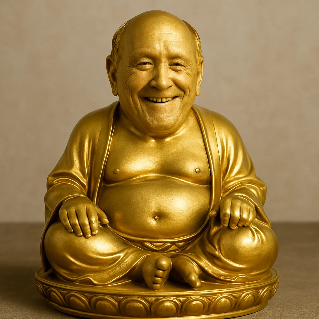 Сгенерируй мне такую же сувенирную статуэтку будды, только с лицом человека которого я прикрепил. Статуэтка должна быть полностью из такого же золота  emoji