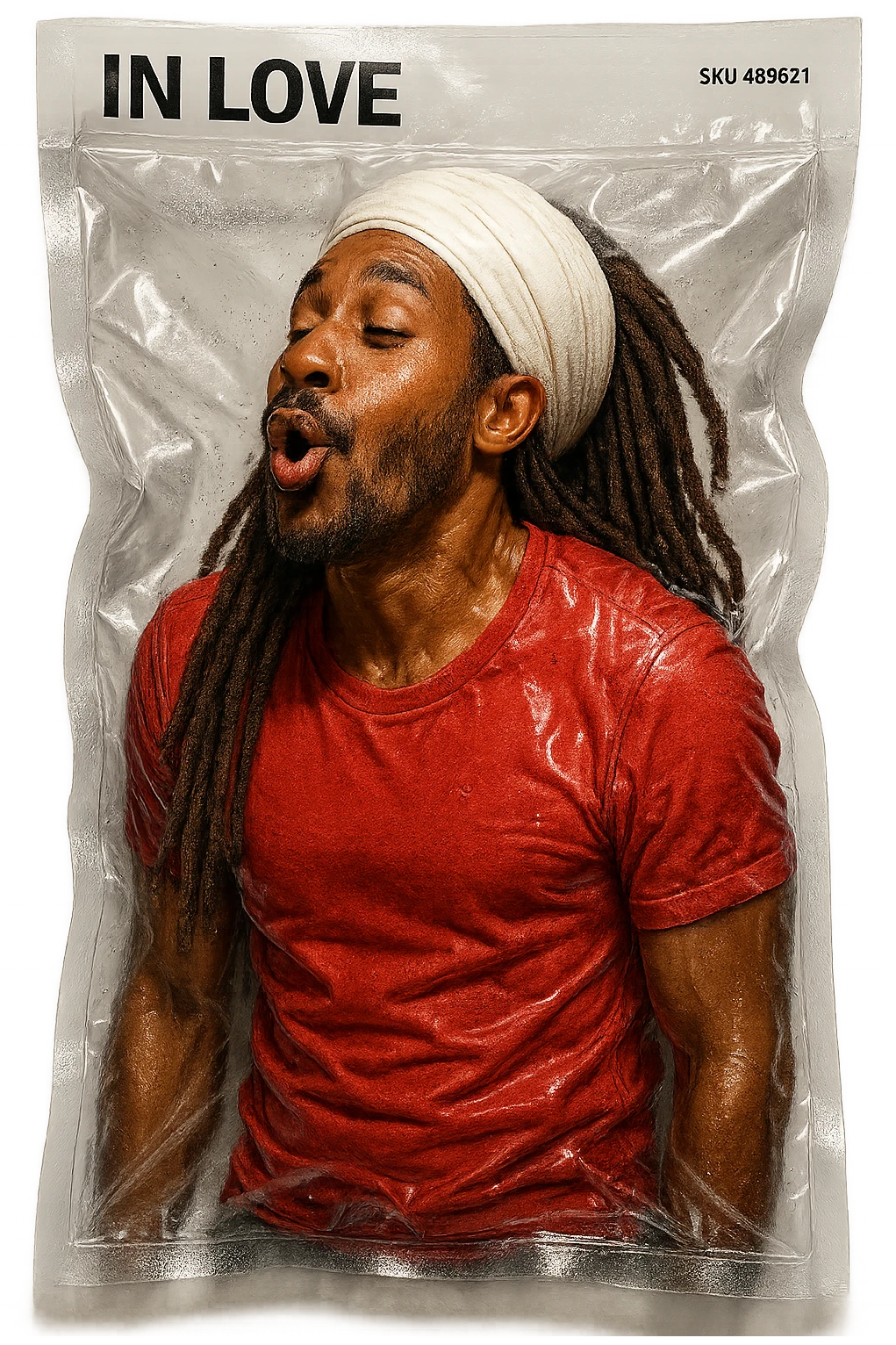 Brownskin man with long brown dreadlocks 
red t-shirt 
white turban 
expression is in love 
his eyes mouth open  emoji