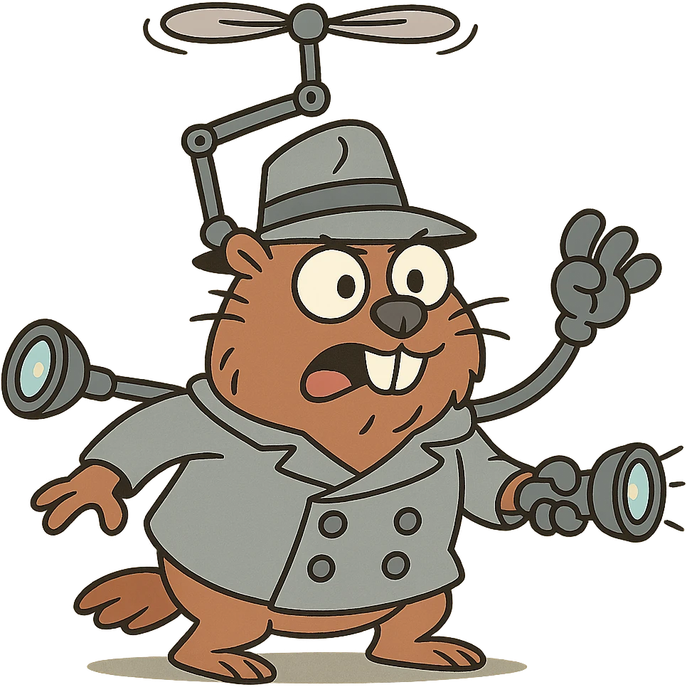 cartoon gopher with Inspector Gadget-style gadgets, whimsical and fun, playful and animated look emoji