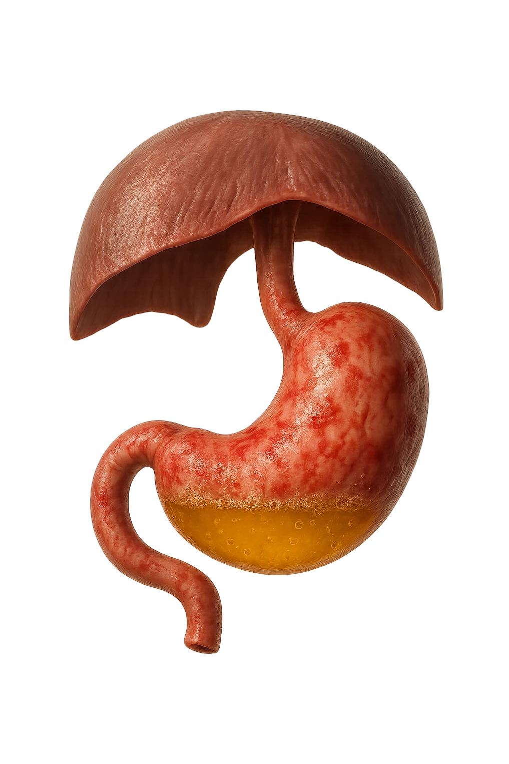 stomaco umano anatomico infiammato con acido giallo all'interno fluttua in aria insieme ad un diaframma umano, iperrealistico 4k, isolato su sfondo bianco emoji