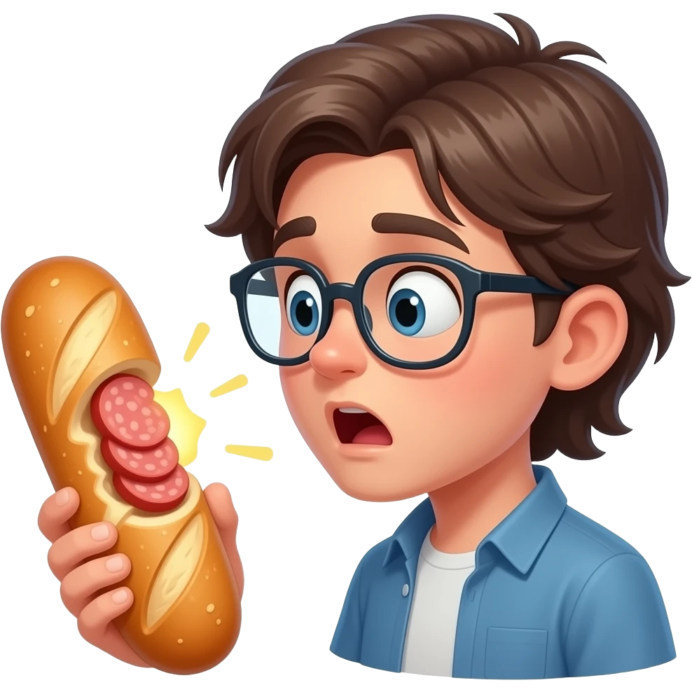 A boy with  LONG hair and glasses  really shocked at a baguette with a sausage inside, make the baguette glow and make it side view(only the head) emoji