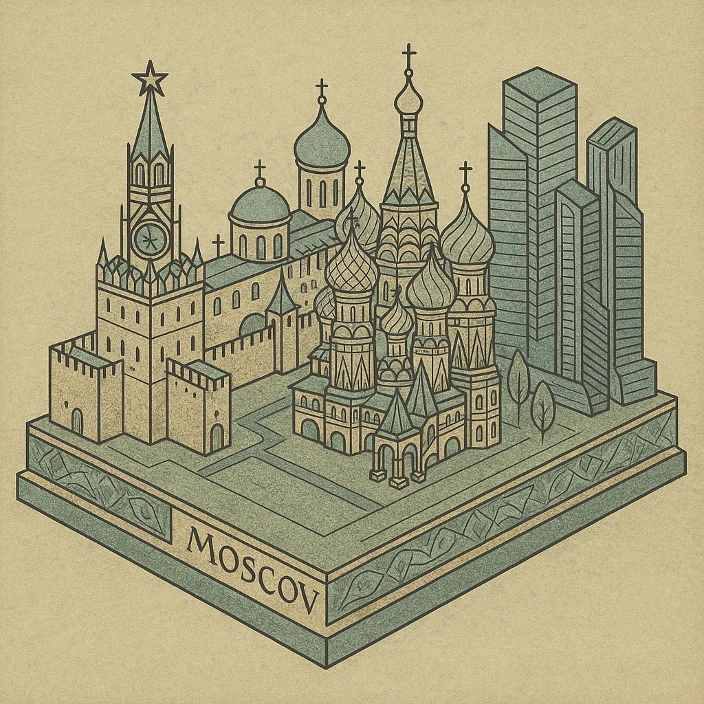 Изометричная миниатюрная 3D модель Москвы на подставке - фотореалистичный Кремль, собор Василия Блаженного, Сити, аккуратная детализация, яркие цвета мультяшный реализм, компактная композиция,  вид сверху в изометрии emoji