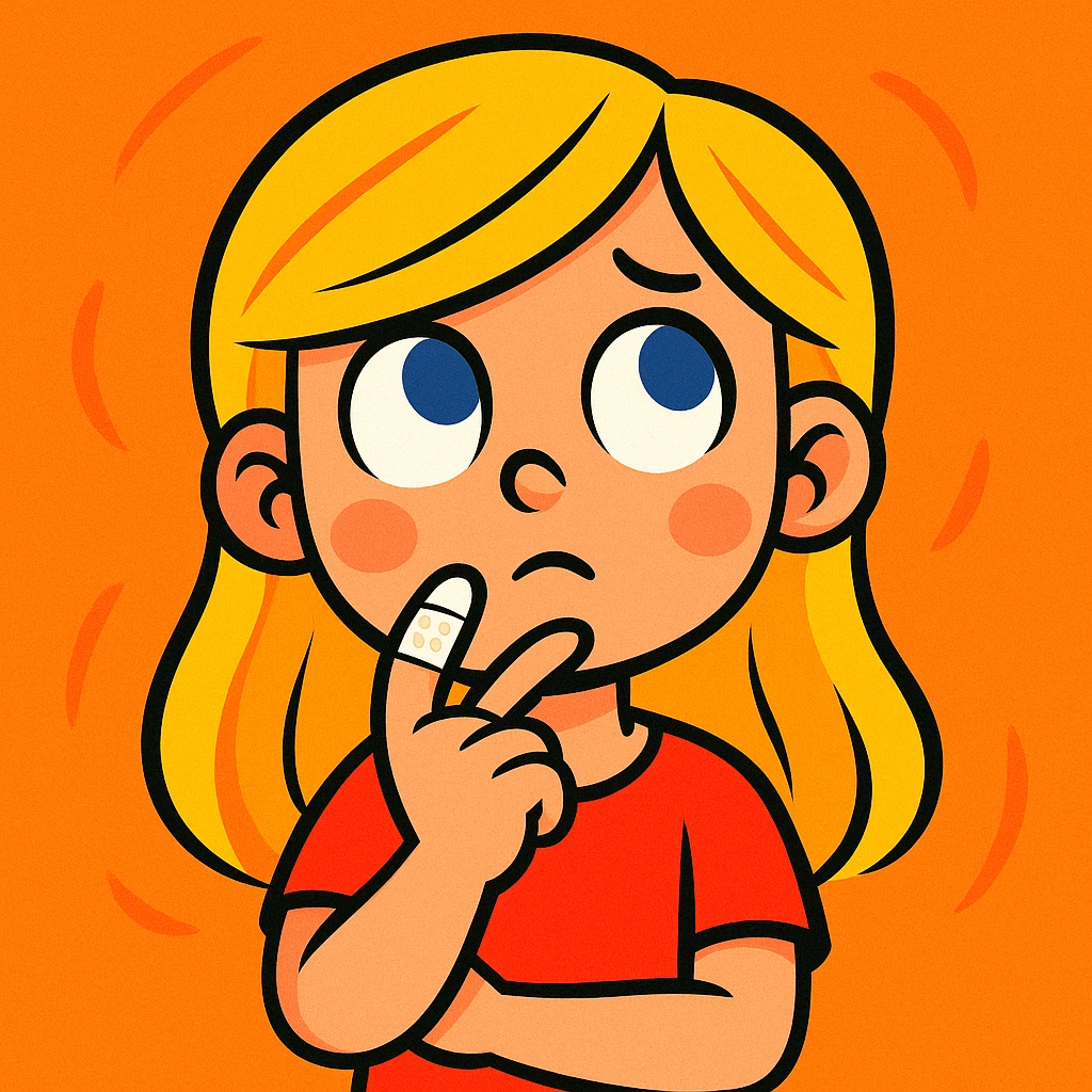 blonde-haired, blue-eyed, fair-skinned girl with a bandaged index finger, finger on chin, thinking, vibrant cartoon style emoji