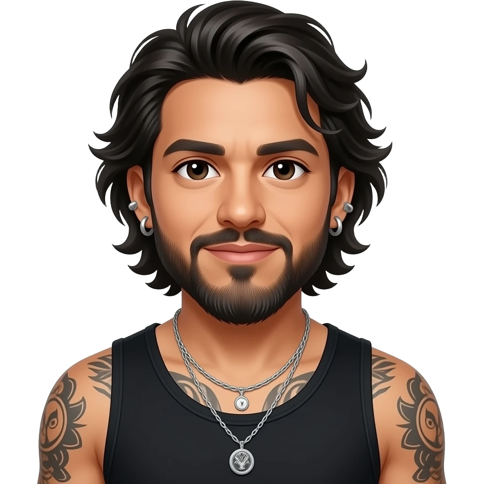 handsome, manly Latino podcast host with black colored eyes wearing a black tank top with silver jewelry, with medium length hair, a very long, lightly graying beard and tattoos, his ear and nose pierced, his hair is a mess because he just woke up emoji