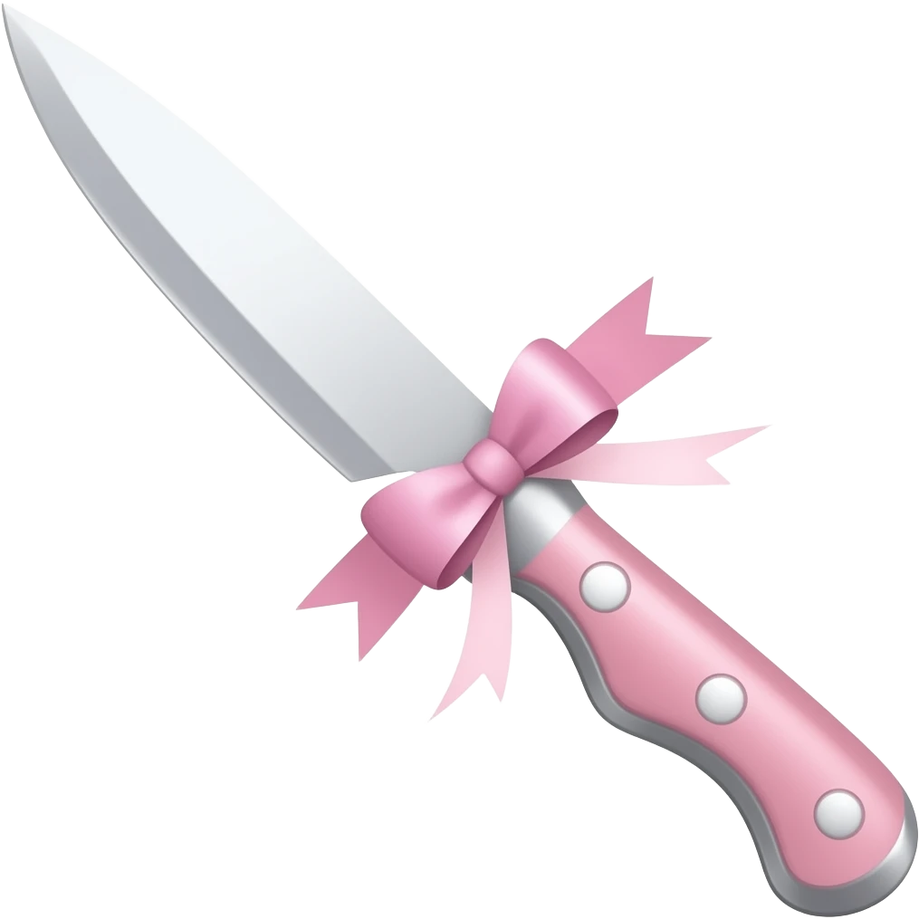 Pastel pink and pastel white dainty neat cute thin slim lanky long sharp edgy knife with a tiny pastel pink ribbon emoji